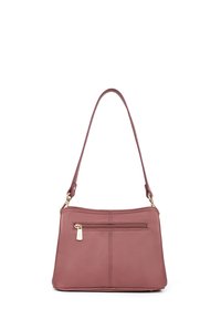Kleine bordeauxleren handtas met een enkele schouderband, een voorzak met rits en een gladde textuur. Voorzien van gestikte details.