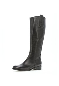 Black leather knee-high boot with a smooth texture, rounded toe, low heel, and a rear pull tab for easy wear. Minimalist design, no embellishments.