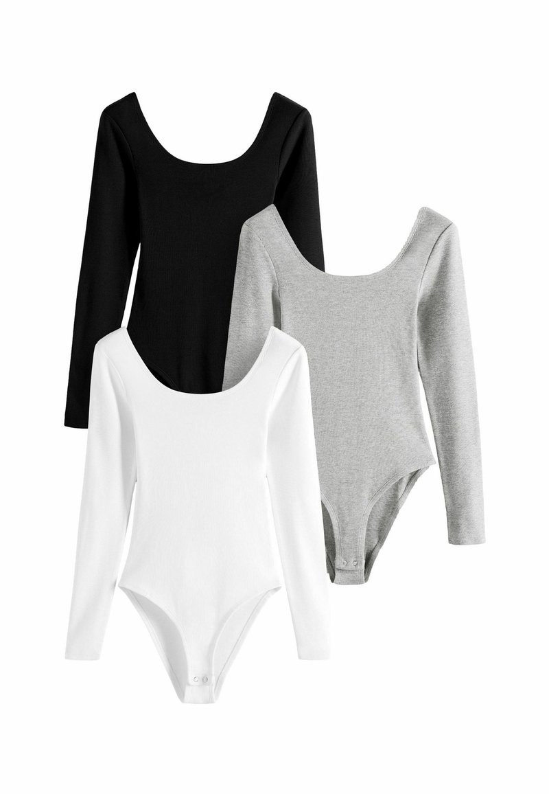 THE SET Damen Bodys Langarm - 3er Pack Gerippt In Chocolate Brown/Navy Blue/Stripe