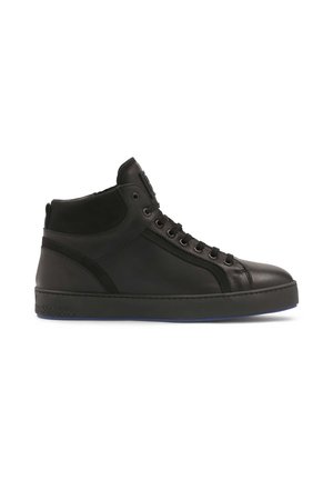 Sneaker alto nero in pelle, con superficie liscia, punta rotonda, dettagli cuciti e suola con motivo.