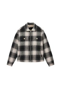 Veste zippée à carreaux noir et blanc avec col, deux poches poitrine à bouton et poches latérales, posée à plat sur un fond blanc.