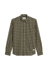 Olijfgroene blouse met lange mouwen en knoopsluiting, met een beige en witte geblokte patroon en een klein merklabel nabij de onderzoom.