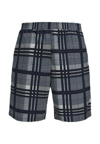 Marineblauwe shorts met een geometrisch patroon van lijnen en roosters in het wit, met een elastische tailleband en een rechte zoomafwerking.