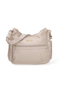Borsa a spalla in pelle beige con hardware dorato, una tasca con zip e una finitura testurizzata. Presenta una tracolla regolabile e un design casual.