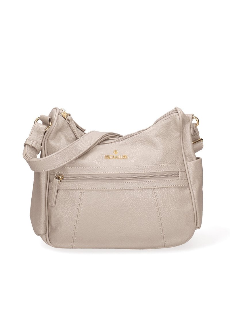 Borsa a spalla in pelle beige con hardware dorato, una tasca con zip e una finitura testurizzata. Presenta una tracolla regolabile e un design casual.