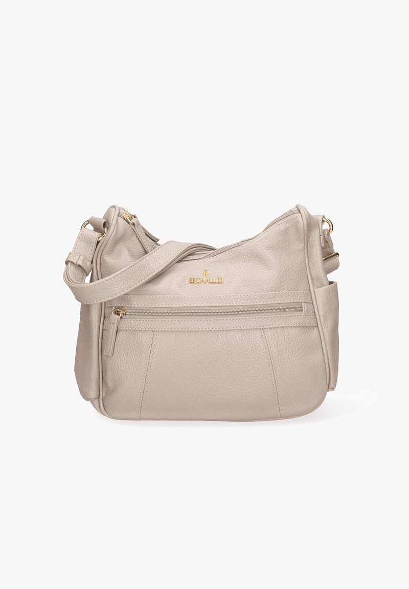 Borsa a spalla in pelle beige con hardware dorato, una tasca con zip e una finitura testurizzata. Presenta una tracolla regolabile e un design casual.