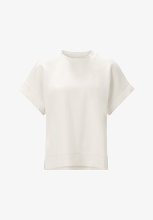 Weißes Kurzarmoberteil mit rundem Ausschnitt. Hergestellt aus weichem Stoff, bietet einen lässigen Schnitt und einen genähten Saum für ein sauberes Finish.