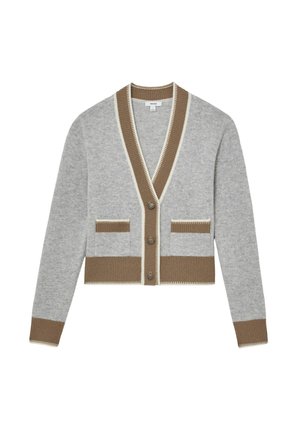 Cardigan gri cu decolteu în V, margine maro și două buzunare frontale. Are cinci nasturi și textură reiată la manșete și tiv.