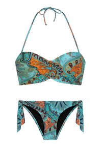 Bikini de dos piezas con una base turquesa y patrones de paisley en naranja y azul, con lazos ajustables en la parte superior y en el lateral de la parte inferior.