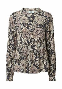 Långärmad blus i lätt tyg med ett blommigt paisleymönster i marinblått, rosa och krämtoner, med knäppning fram och veckad nederkant.