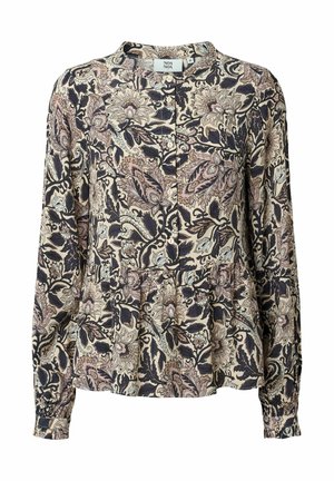 Long-sleeve blouse in lightweight fabric featuring a floral paisley pattern in navy, pink, and cream tones, with a buttoned front and pleated hem.