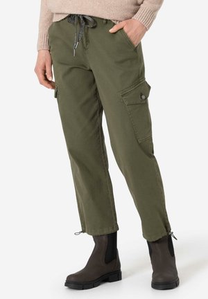 Olive green cargo pants made of cotton blend, featuring two side pockets, elastic waistband with drawstring, and cuffs with toggles.