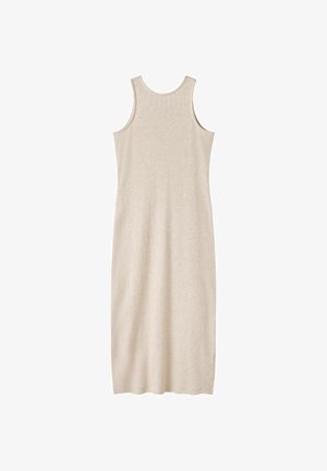 Robe midi en maille beige sans manches, avec un col rond et une silhouette droite légèrement cintrée.