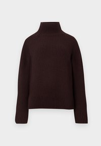 Maglione dolcevita marrone scuro con texture a coste, spalle scese e maniche lunghe. Design semplice, realizzato in tessuto a maglia elasticizzato.