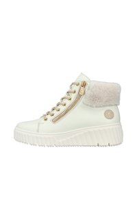 Crème neplederen hoge sneakers met zijritsen, pluche bontkraag en dikke witte zool. Gouden hardware accenten op de veters en ritsen.