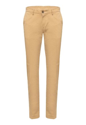 Beige slim-fit trousers with belt loops, front button, and zipper closure, displayed against a white background.