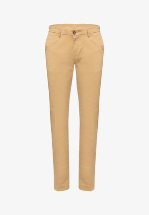 Beige slim-fit trousers with belt loops, front button, and zipper closure, displayed against a white background.