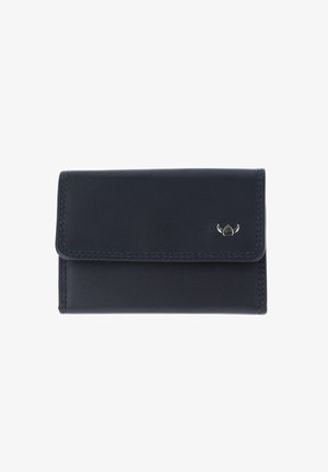 Portefeuille en cuir noir avec fermeture à rabat et petit logo taureau argenté sur le devant, design minimaliste avec coutures visibles.