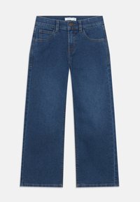 Jeans de pierna ancha en denim azul oscuro, con un diseño clásico de cinco bolsillos, cierre de botón en la parte frontal y costuras en contraste.
