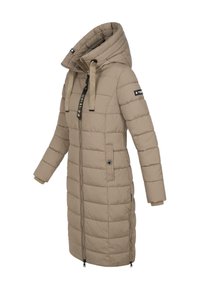 Gevoerde knielange jas in beige, met een grote capuchon, ritsluiting en twee zijzakken met contrasterende zwarte accenten en stiksels.