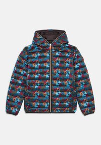 Padded jacket z kapturem z kwiatowym wzorem w niebieskim, pomarańczowym i bordowym na ciemnym tle, z zamkiem błyskawicznym z przodu i elastycznymi mankietami.