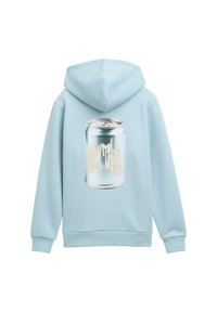 Sudadera azul clara con un gran gráfico de una lata de refresco en la parte posterior. Fabricada con material suave y de corte clásico, incluye capucha.