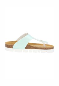 Sandalo flip-flop in pelle sintetica verde menta con sottopiede in sughero, fascetta trasparente e suola in gomma bianca con battistrada testurizzato.