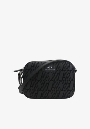 Borsa a tracolla nera realizzata in materiale testurizzato, con motivo logo impresso, chiusura con zip e tracolla regolabile. Etichetta del marchio sulla parte anteriore.