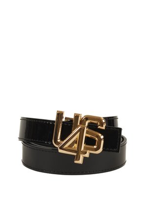 Zwarte lakleren riem met een glanzende gouden gesp met het "U4S" logo, ontworpen met twee lagen en een gladde textuur.