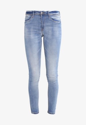 Skinny jeans made of light blue denim with a faded wash, featuring a button closure, five pockets, and visible stitching details.