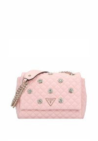 Borsa a tracolla trapuntata rosa con hardware in tono argento, impreziosita da borchie floreali e una tracolla a catena. Presenta una placca con logo sul davanti.