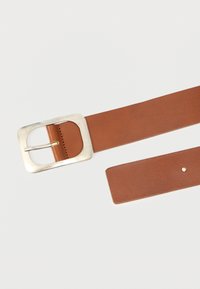 Brown leather belt with a square silver metal buckle, featuring a smooth finish, stitched edges, and a single hole for adjustments.
