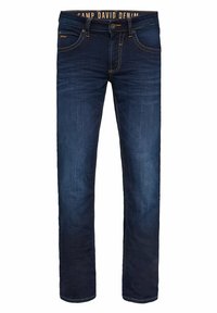 Dunkelblaue Jeans aus Denim mit geradem Beinschnitt, ausgestattet mit goldenen Nähten, einem Knopfverschluss und einem markierten Bund.