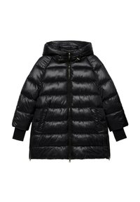 Cappotto bullettato nero con cappuccio, caratterizzato da un design trapuntato, chiusura con zip, tasche laterali e polsini a coste. Materiale liscio e lucido.