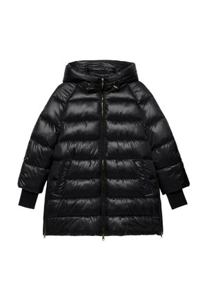 Cappotto bullettato nero con cappuccio, caratterizzato da un design trapuntato, chiusura con zip, tasche laterali e polsini a coste. Materiale liscio e lucido.