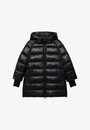 Schwarze Daunenjacke mit Kapuze, mit einem gesteppte Design, Reißverschluss, seitlichen Taschen und gerippten Bündchen. Glattes, glänzendes Material.