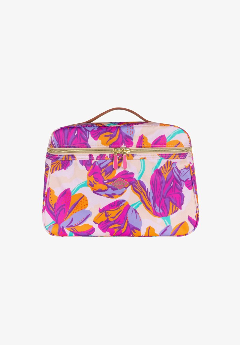 Borsa cosmetica floreale nei toni di rosa, viola e arancio; presenta una zip e un manico dorati; realizzata in tessuto lucido e resistente con un vivace motivo floreale.