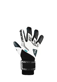 Gants de gardien Reusch avec un design blanc, noir et turquoise, dotés d'une surface de prise texturée et d'une sangle de poignet ajustable.