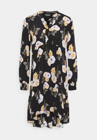 Zwart lange mouwen jurk met gele, witte en lichtblauwe bloemenprint, V-hals en een licht asymmetrische zoom.