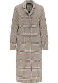 Cappotto lungo a scacchi nei toni del nero, bianco e rosso. Presenta un colletto a punta, due tasche frontali e chiusura con bottoni. Tessuto testurizzato con motivo a quadri.