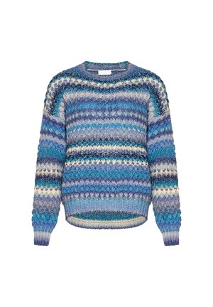 Megztinis su įvairiomis mėlynos ir grietinėlės spalvų juostelėmis, apvaliu iškirpimu, ilgomis rankovėmis, raukšlėmis ant rankovių ir apačios, su tekstūruotu raštu visame megztinyje.