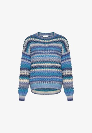 Pulover tricotat cu dungi variate în nuanțe de albastru și crem, guler rotund, mâneci lungi, manșete și tiv ondulate, model texturat pe întreaga suprafață.