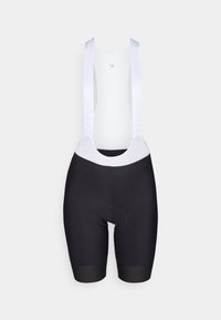 Black cycling shorts with white mesh shoulder straps. Features a padded chamois area and a smooth, textured fabric finish.