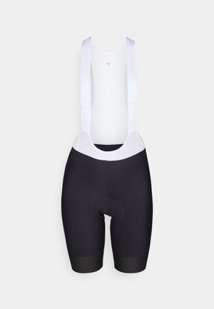 Black cycling shorts with white mesh shoulder straps. Features a padded chamois area and a smooth, textured fabric finish.