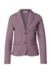 Blazer mauve sur mesure pour femme avec deux boutons, revers crantés, manches longues et deux poches à rabat à l'avant.