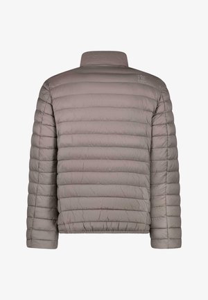 Lichtgrijze doorgestikte donzenjas met horizontale stiknaden, lange mouwen en een opstaande kraag, gezien van achteren.