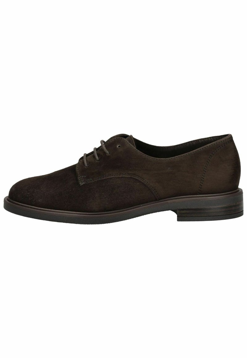 Scarpa da uomo in suede marrone con punta arrotondata, design con lacci e tacco in gomma basso. Texture liscia e dettagli di cucitura minimi.