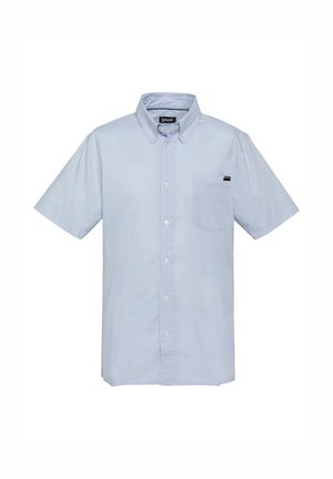 Hellblaues Kurzarmhemd mit Knöpfen, einer Brusttasche vorne links und einem geknöpften Kragen.