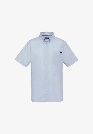 Chemise bleu clair à manches courtes avec poche poitrine gauche à l'avant et col boutonné.