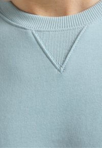 Felpa azzurro chiaro con scollo a girocollo a coste e dettaglio a V. Il tessuto sembra morbido con una texture liscia, senza motivi o accenti visibili.